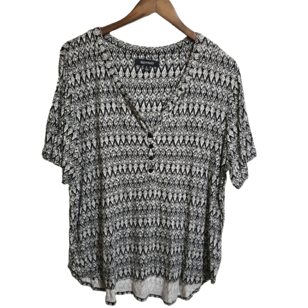 Ellen Tracy Black and White Print V-neck Short Sleeve Top Shirt Women's Large